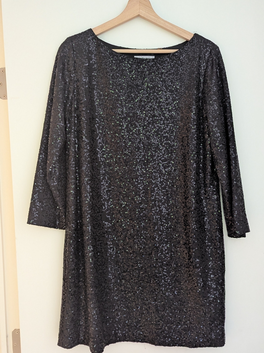 T Tahari 3/4 Sleeve Black Sequin Shift Dress